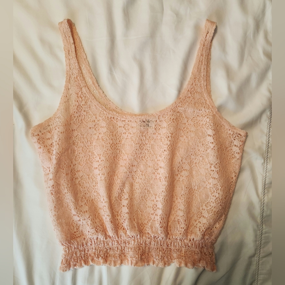 Black Poppy Women's Lace Crop Tank Top with Scoop Neck and Scoop Back Peach Med - Picture 2 of 5
